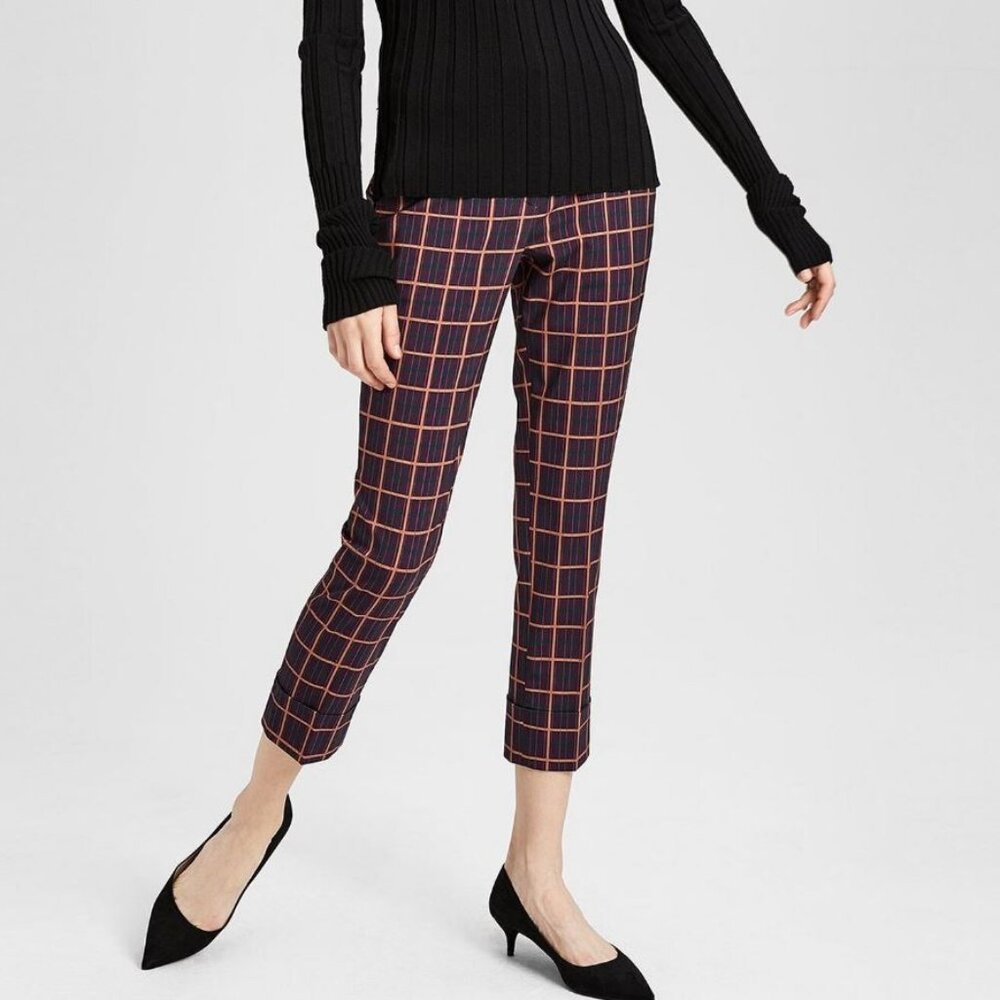 Theory Crop Cuff Purple Plaid Pants Sz 00